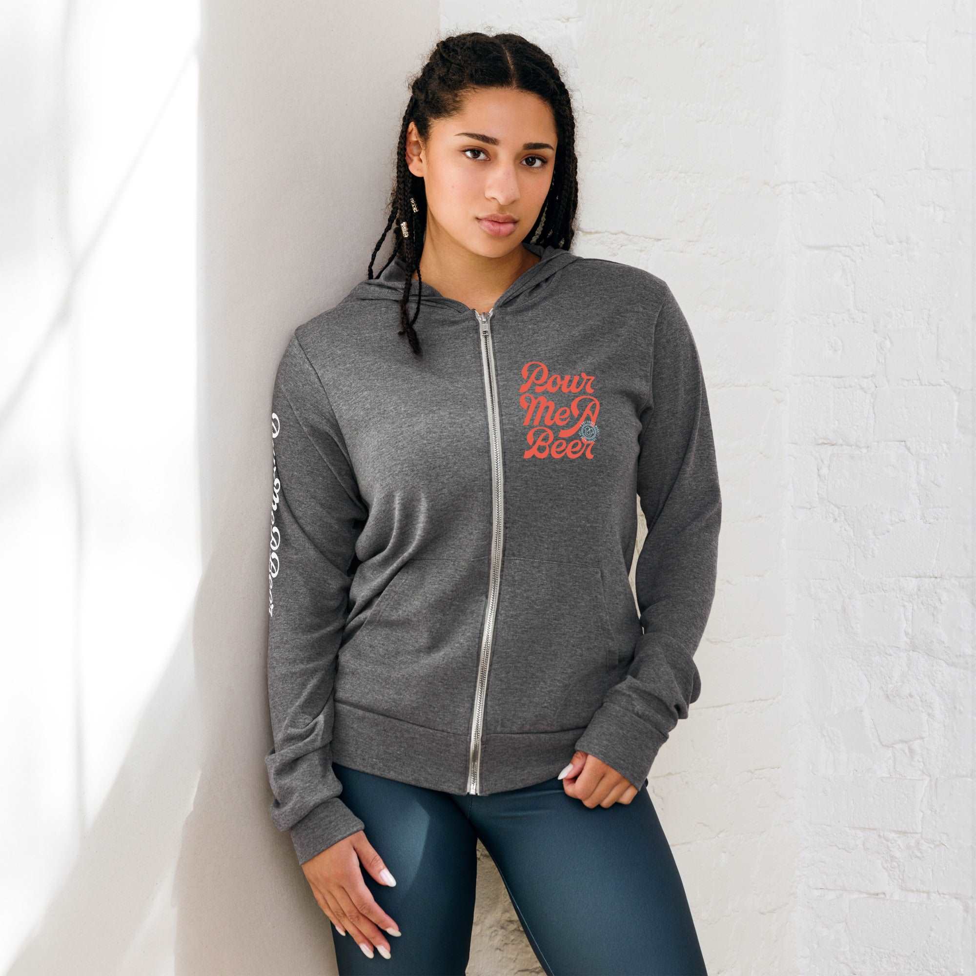 PourMeABeer with Badge & Sleeve Women's Zipper Hoodie